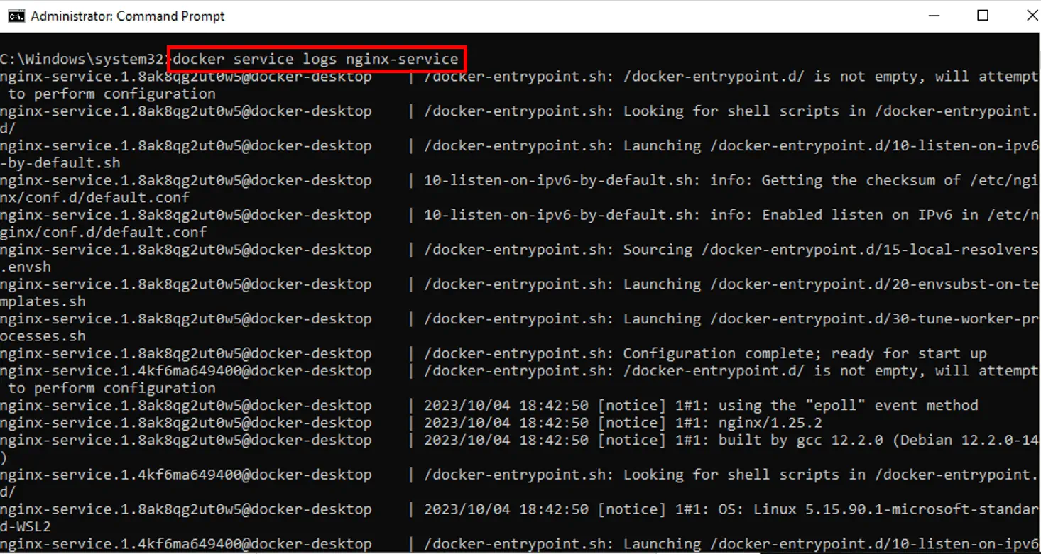 Docker service logs displaying nginx service output