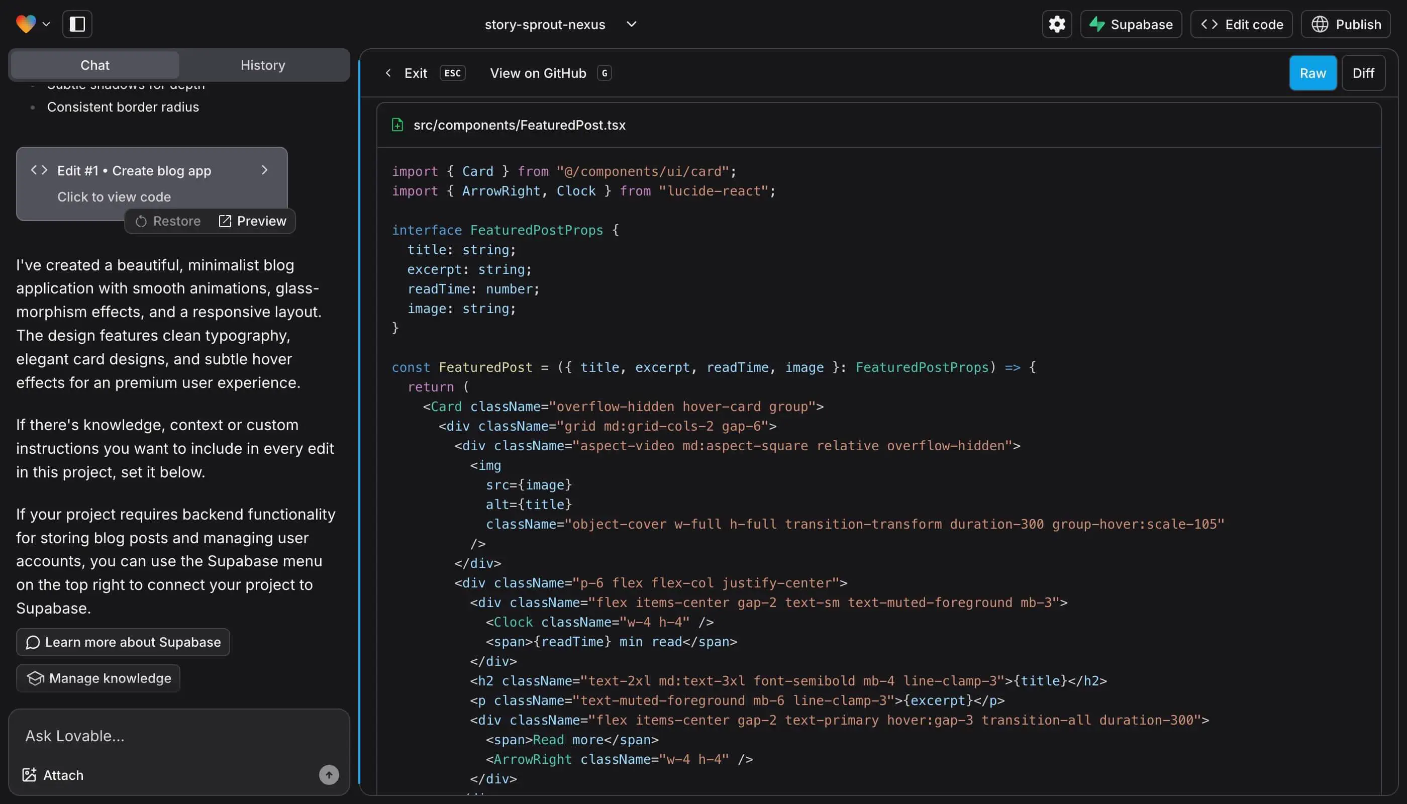 Lovable.dev editor customization view