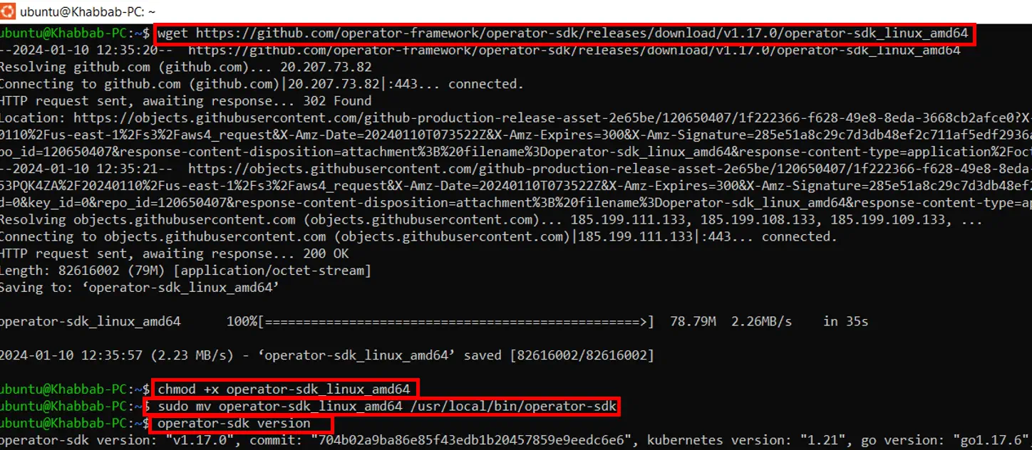 Terminal commands installing Operator SDK on Ubuntu
