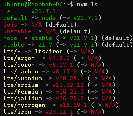 nvm show installed Node.js versions