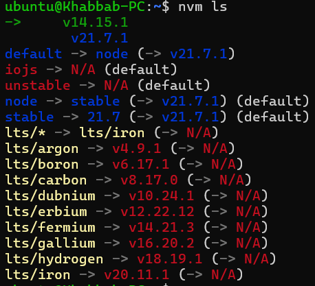 nvm show installed Node.js versions