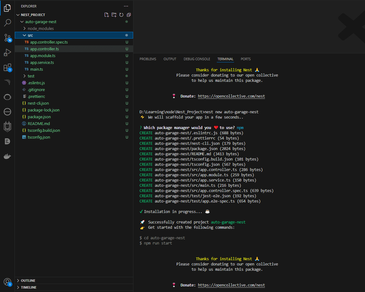 Snapshot of basic project folder structure created through nest command