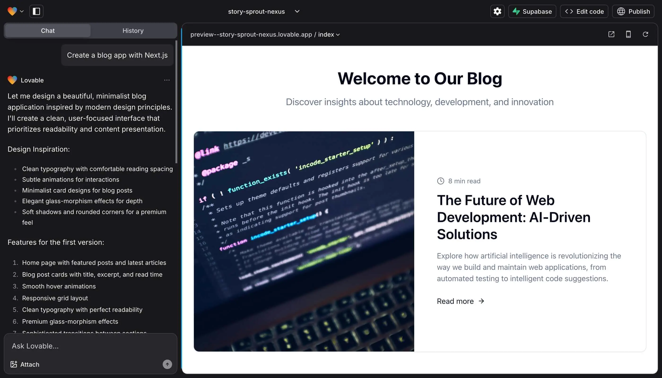 Lovable.dev prompt to define a project