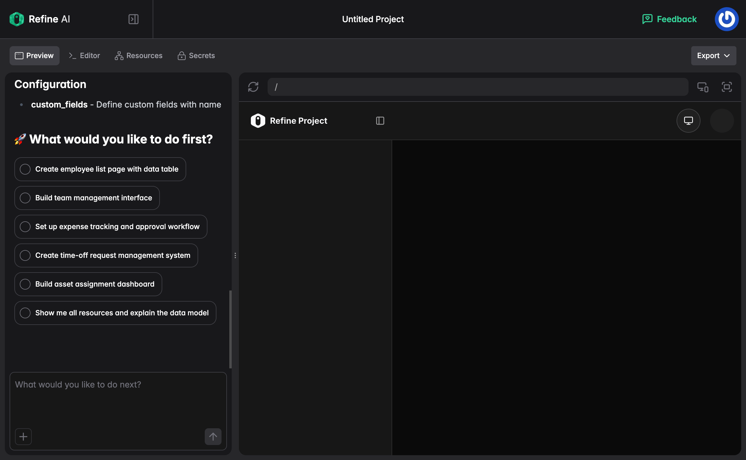 Refine AI project start screen