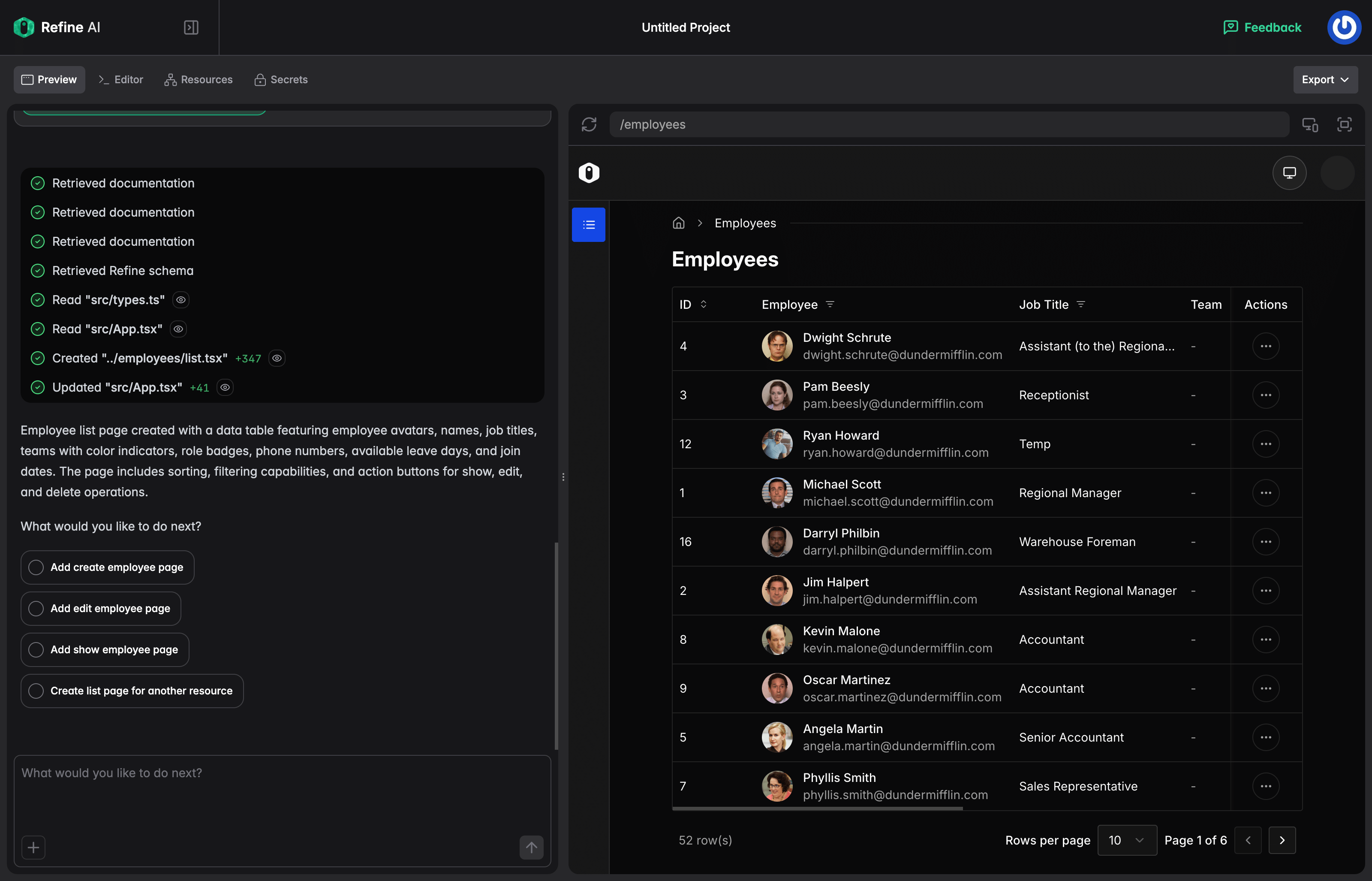 Generated Employee list page